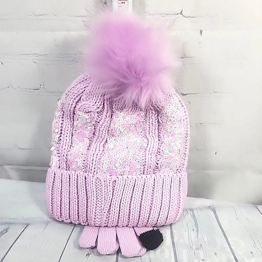 Justice Girls Lavender Sequin Ribbed Beanie w/faux fur & Gloves 2-Piece Set NWT